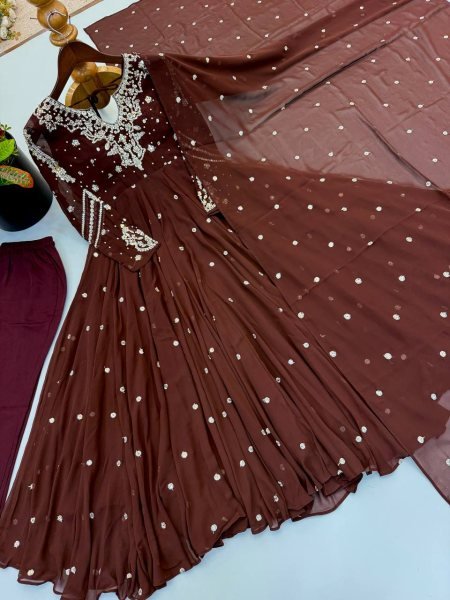 Captivating Brown Faux Georgette Embroidered Gown with Full Sleeves For Festival Ready To Wear Collection