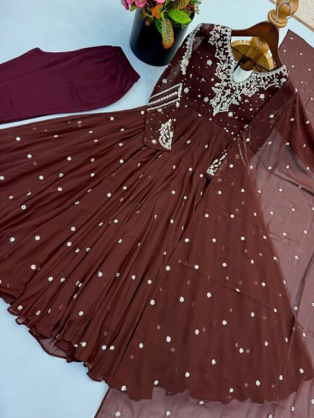 Captivating Brown Faux Georgette Embroidered Gown with Full Sleeves For Festival Ready To Wear Collection