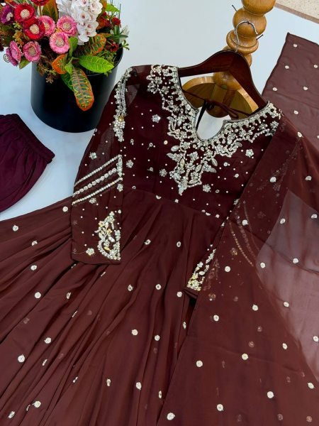 Captivating Brown Faux Georgette Embroidered Gown with Full Sleeves For Festival Ready To Wear Collection
