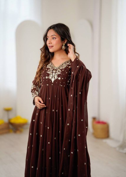 Captivating Brown Faux Georgette Embroidered Gown with Full Sleeves For Festival Ready To Wear Collection
