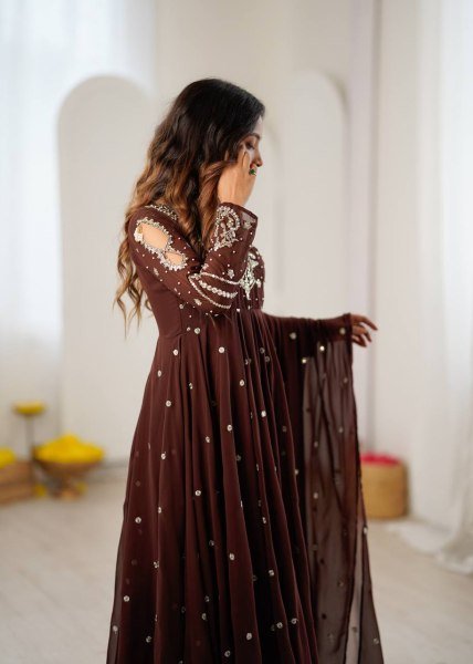 Captivating Brown Faux Georgette Embroidered Gown with Full Sleeves For Festival Ready To Wear Collection