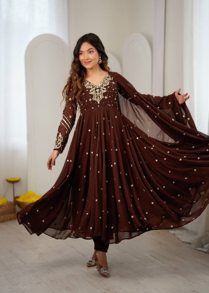 Captivating Brown Faux Georgette Embroidered Gown with Full Sleeves For Festival Ready To Wear Collection
