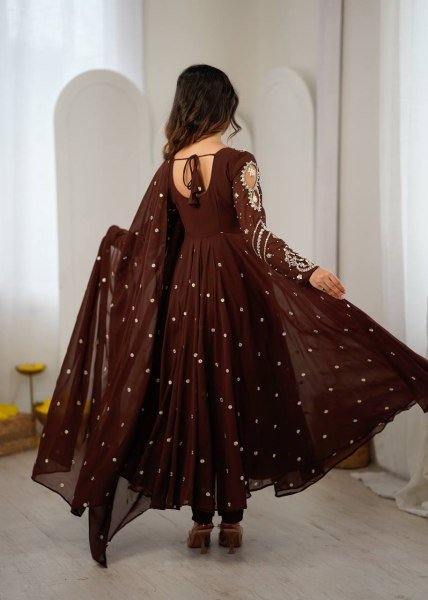 Captivating Brown Faux Georgette Embroidered Gown with Full Sleeves For Festival Ready To Wear Collection