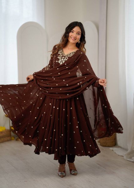 Captivating Brown Faux Georgette Embroidered Gown with Full Sleeves For Festival Ready To Wear Collection