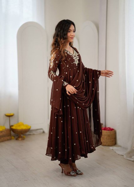 Captivating Brown Faux Georgette Embroidered Gown with Full Sleeves For Festival Ready To Wear Collection
