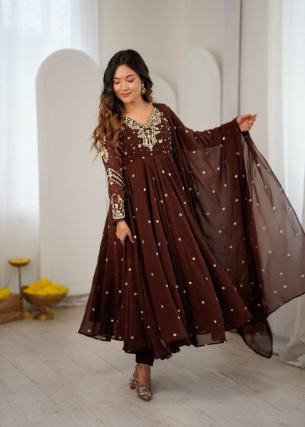 Captivating Brown Faux Georgette Embroidered Gown with Full Sleeves For Festival Ready To Wear Collection