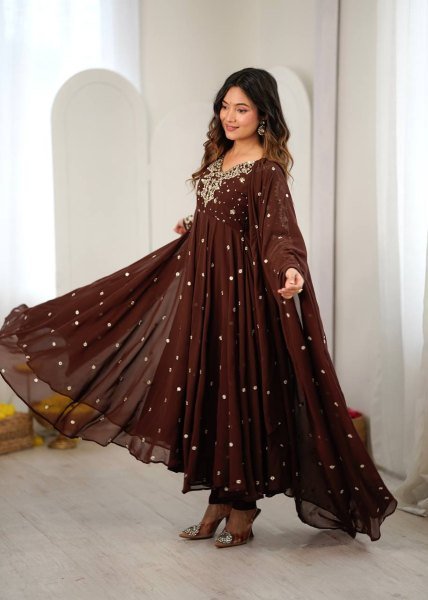 Captivating Brown Faux Georgette Embroidered Gown with Full Sleeves For Festival Ready To Wear Collection