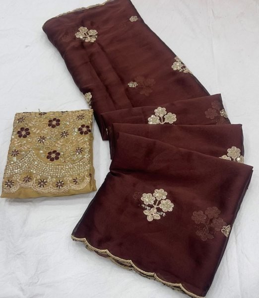 Captivating Brown Tissue Saree with Heavy Embroidered Blouse for Women Silk Sarees Wholesale