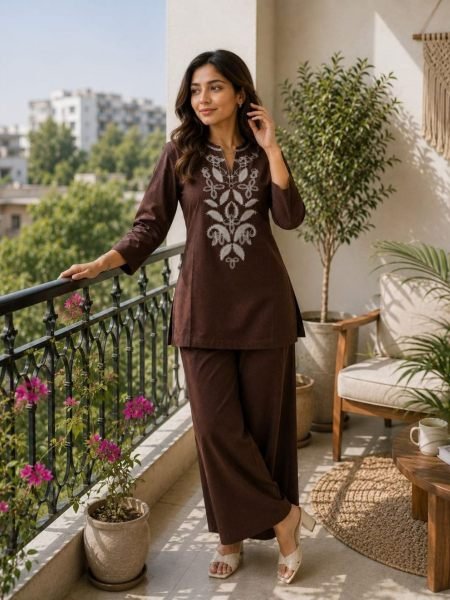 Captivating Brown Women’s Cotton Flex Embroidered Kurta and Bottom Set at Manufacturer  Kurtis