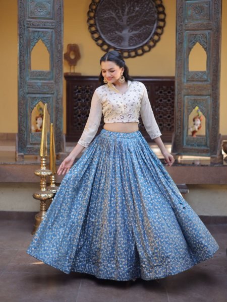 Captivating Cream Blue Cosmos Jacquard Lehenga Choli with Beads Embroidery Work
