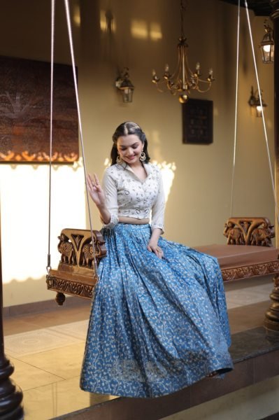 Captivating Cream Blue Cosmos Jacquard Lehenga Choli with Beads Embroidery Work Designer Lehenga Choli