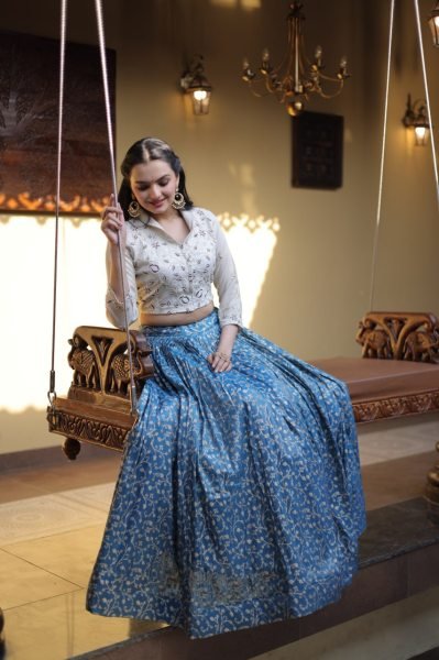 Captivating Cream Blue Cosmos Jacquard Lehenga Choli with Beads Embroidery Work Designer Lehenga Choli