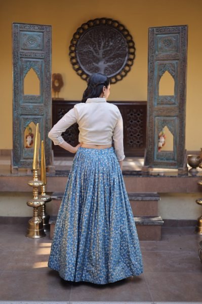 Captivating Cream Blue Cosmos Jacquard Lehenga Choli with Beads Embroidery Work Designer Lehenga Choli