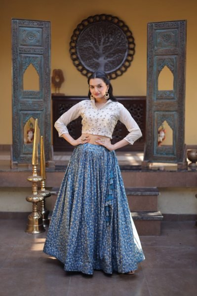 Captivating Cream Blue Cosmos Jacquard Lehenga Choli with Beads Embroidery Work Designer Lehenga Choli