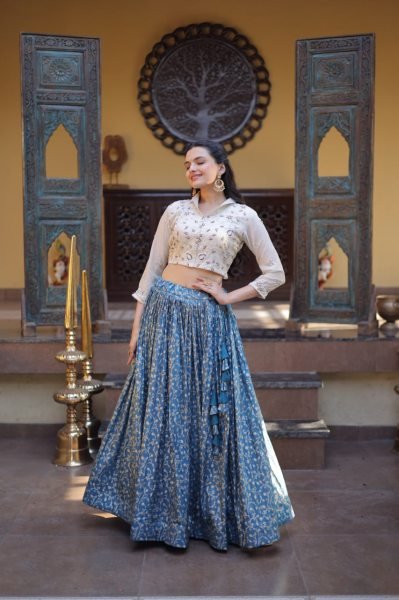 Captivating Cream Blue Cosmos Jacquard Lehenga Choli with Beads Embroidery Work Designer Lehenga Choli