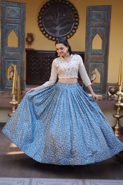 Captivating Cream Blue Cosmos Jacquard Lehenga Choli with Beads Embroidery Work Designer Lehenga Choli