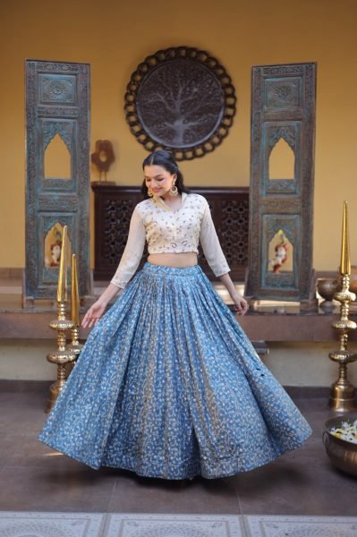Captivating Cream Blue Cosmos Jacquard Lehenga Choli with Beads Embroidery Work Designer Lehenga Choli