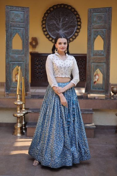 Captivating Cream Blue Cosmos Jacquard Lehenga Choli with Beads Embroidery Work Designer Lehenga Choli