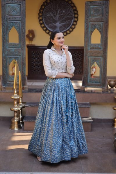 Captivating Cream Blue Cosmos Jacquard Lehenga Choli with Beads Embroidery Work Designer Lehenga Choli