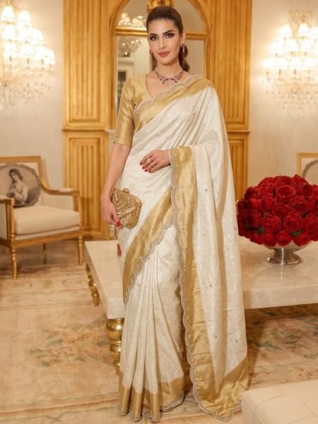 Captivating Cream Bridal Kanjivarm Silk Saree with Beads and Sequin Butta at Wholesale Rate 