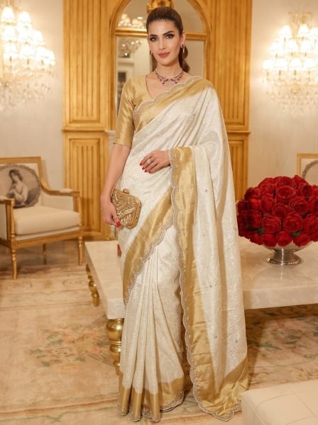 Captivating Cream Bridal Kanjivarm Silk Saree with Beads and Sequin Butta at Wholesale Rate Silk Sarees Wholesale