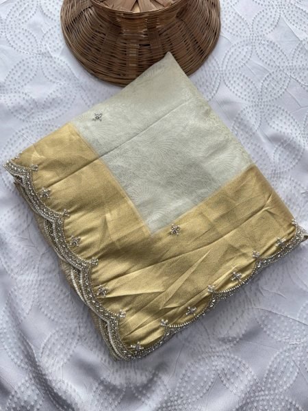 Captivating Cream Bridal Kanjivarm Silk Saree with Beads and Sequin Butta at Wholesale Rate Silk Sarees Wholesale
