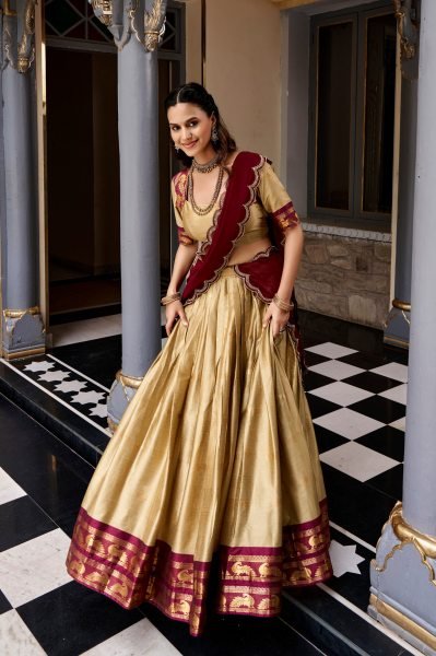 Captivating Cream Cotton Silk Lehenga Choli with Zari Border and Sequin Dupatta Half Saree Lehenga