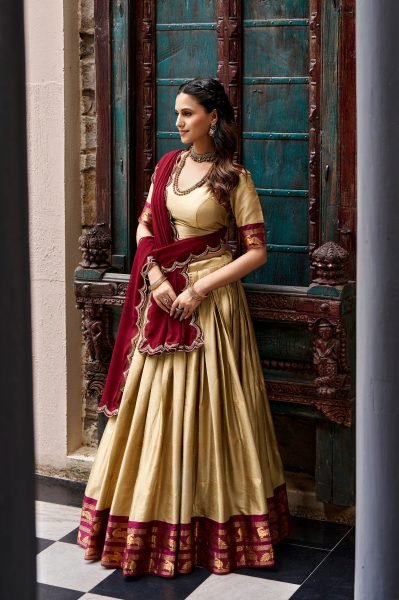 Captivating Cream Cotton Silk Lehenga Choli with Zari Border and Sequin Dupatta Half Saree Lehenga