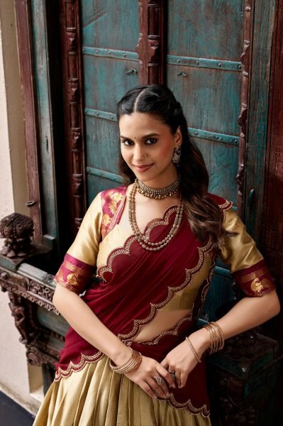 Captivating Cream Cotton Silk Lehenga Choli with Zari Border and Sequin Dupatta Half Saree Lehenga