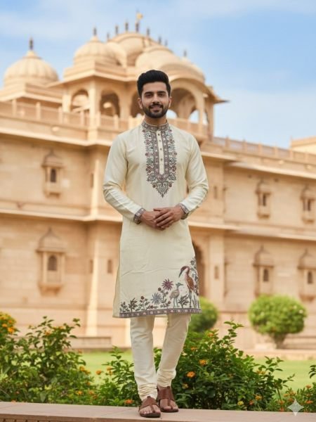 Captivating Cream Men's Soft Silk Kurta Set with Royal Multi-Thread Embroidery at Wholesale  