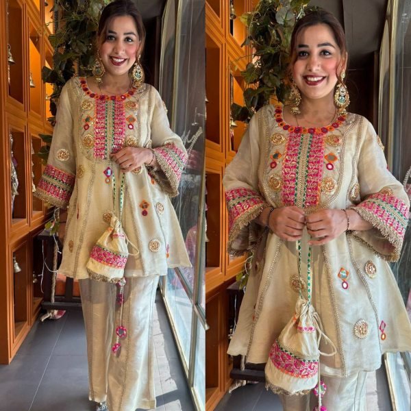 Captivating Cream Mirror Work Co Ord Set with Sequence Embroidery for Wedding Wear Ready To Wear Collection