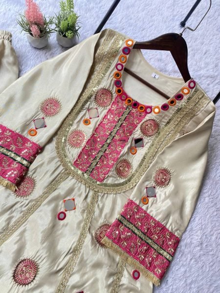 Captivating Cream Mirror Work Co Ord Set with Sequence Embroidery for Wedding Wear Ready To Wear Collection
