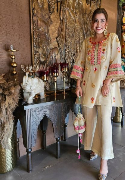 Captivating Cream Mirror Work Co Ord Set with Sequence Embroidery for Wedding Wear Ready To Wear Collection