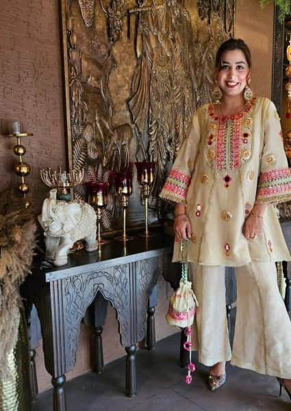 Captivating Cream Mirror Work Co Ord Set with Sequence Embroidery for Wedding Wear Ready To Wear Collection