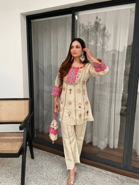 Captivating Cream Mirror Work Co Ord Set with Sequence Embroidery for Wedding Wear Ready To Wear Collection