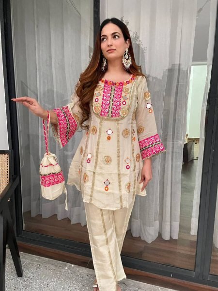 Captivating Cream Mirror Work Co Ord Set with Sequence Embroidery for Wedding Wear Ready To Wear Collection