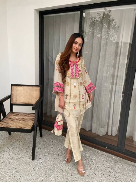 Captivating Cream Mirror Work Co Ord Set with Sequence Embroidery for Wedding Wear Ready To Wear Collection