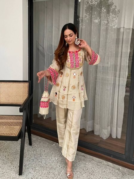 Captivating Cream Mirror Work Co Ord Set with Sequence Embroidery for Wedding Wear Ready To Wear Collection