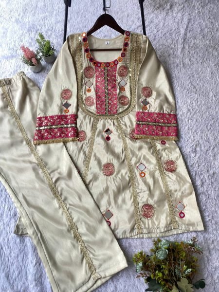 Captivating Cream Mirror Work Co Ord Set with Sequence Embroidery for Wedding Wear Ready To Wear Collection