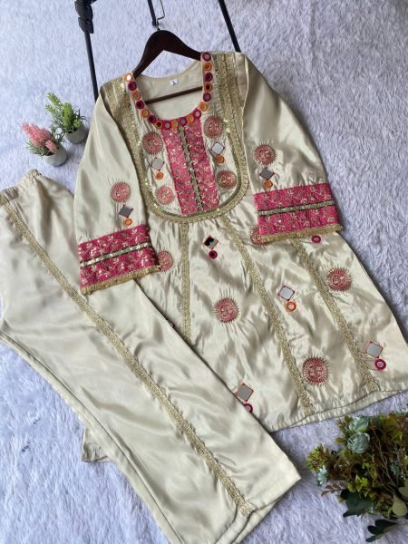 Captivating Cream Mirror Work Co Ord Set with Sequence Embroidery for Wedding Wear Ready To Wear Collection