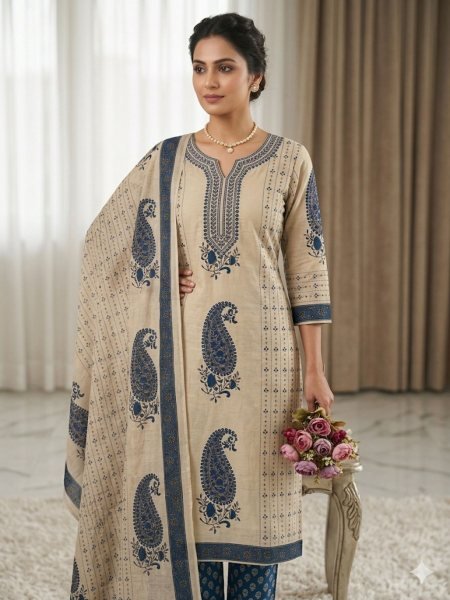 Captivating Cream Morgan Silk Digital Print Kurti Pant Dupatta Set at Manufacturer Rate 