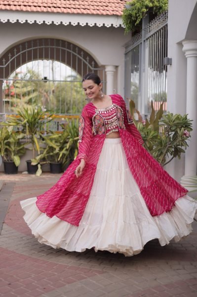 Captivating Cream Pink Designer Kora Cotton Lehenga Kurti Set with Kutchi Patchwork Navratri Lehnega Choli