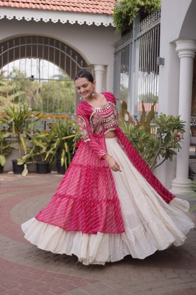 Captivating Cream Pink Designer Kora Cotton Lehenga Kurti Set with Kutchi Patchwork Navratri Lehnega Choli