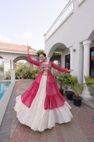Captivating Cream Pink Designer Kora Cotton Lehenga Kurti Set with Kutchi Patchwork Navratri Lehnega Choli