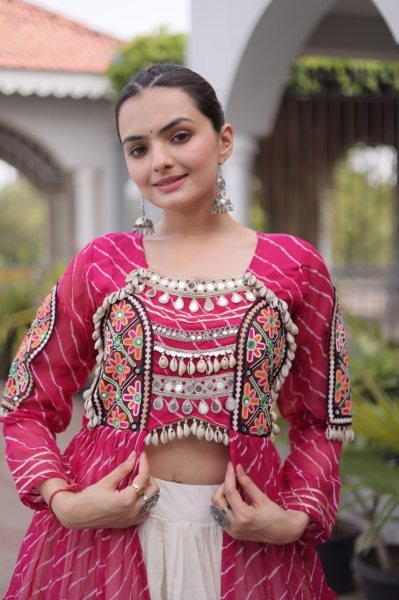 Captivating Cream Pink Designer Kora Cotton Lehenga Kurti Set with Kutchi Patchwork Navratri Lehnega Choli