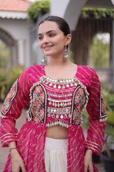Captivating Cream Pink Designer Kora Cotton Lehenga Kurti Set with Kutchi Patchwork Navratri Lehnega Choli