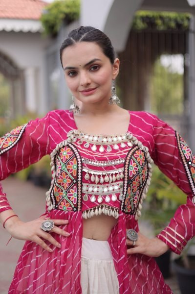 Captivating Cream Pink Designer Kora Cotton Lehenga Kurti Set with Kutchi Patchwork Navratri Lehnega Choli