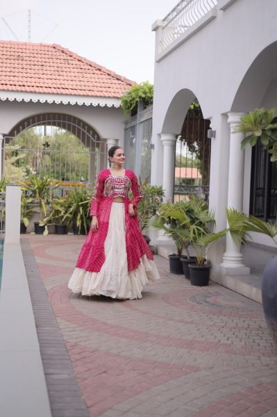 Captivating Cream Pink Designer Kora Cotton Lehenga Kurti Set with Kutchi Patchwork Navratri Lehnega Choli