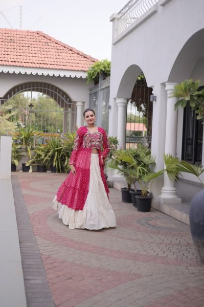 Captivating Cream Pink Designer Kora Cotton Lehenga Kurti Set with Kutchi Patchwork Navratri Lehnega Choli