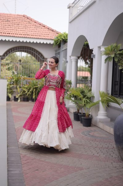 Captivating Cream Pink Designer Kora Cotton Lehenga Kurti Set with Kutchi Patchwork Navratri Lehnega Choli